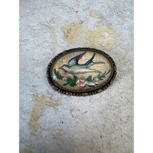 Antique 1900s Victorian Mourning Swallow Reverse Painted Bubble Glass Pin Brooch